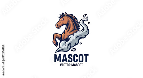 A prancing brown horse, emerging from smoke, stylized vector mascot design