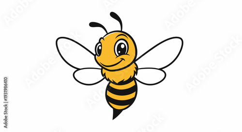 Cartoon depiction of a bee with a yellow body and black stripes. White background