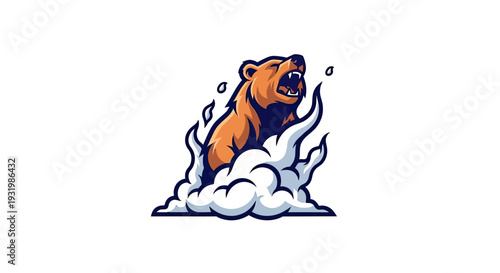 A roaring brown bear emerges from a stylized cloud design on a white background