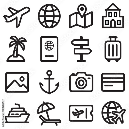 Comprehensive travel and tourism line icons set including airplane, passport, luggage, beach, camera, and world map symbols