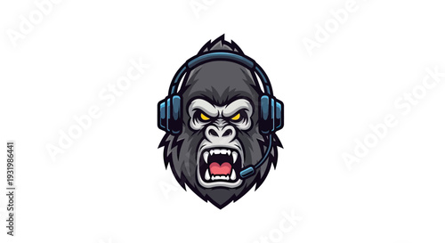 Illustration of a gorilla wearing headphones with a microphone, roaring. White background