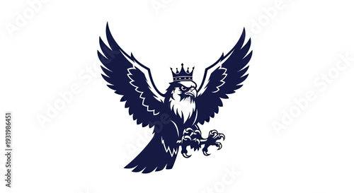 A heraldic style illustration of a crowned falcon with spread wings and talons