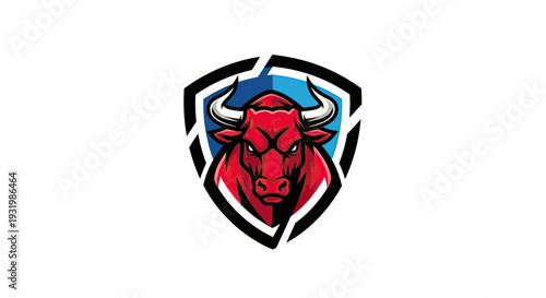 A stylized, red bull head with white horns inside a shield with blue/black elements
