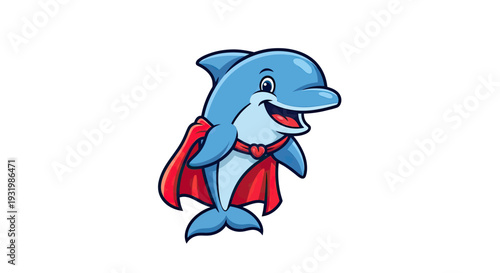 A smiling cartoon dolphin, wearing a red cape and a heart-shaped collar, stands against white