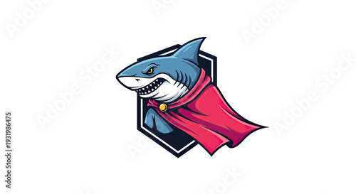 A blue shark, wearing a red cape with a gold clasp, in a stylized graphic on white