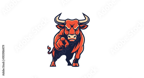 A bold, cartoonish bull with an aggressive stance pointing with its index finger