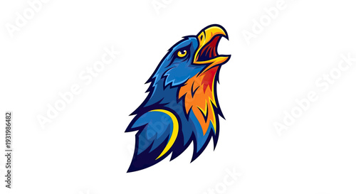 A stylized eagle's head in profile, roaring with sharp beak and intense eye, colored
