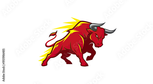 A red bull mascot with yellow lightning streaks, in a dynamic pose