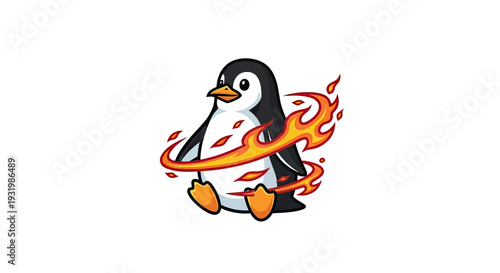A penguin engulfed in stylized flames on a white background. It has orange feet and a beak