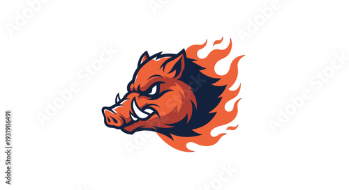 Stylized illustration of a wild boar's head engulfed in flames, set against a white backdrop