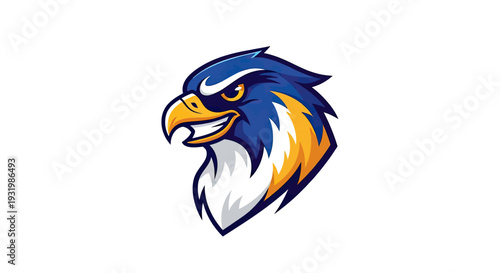 A stylized illustration of a bird of prey head with a fierce expression, in blue and gold
