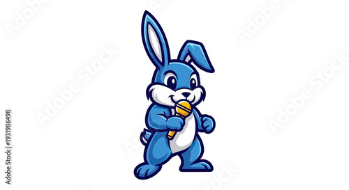A blue cartoon bunny holding a microphone and smiling, ready to sing
