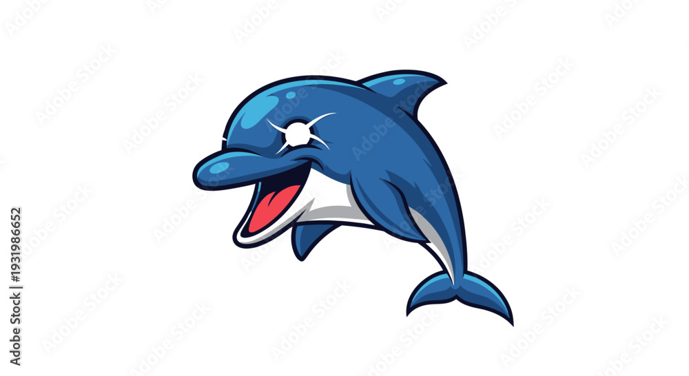 Obraz premium Cartoon dolphin illustration, blue and white, with stylized sparkle eyes and open mouth