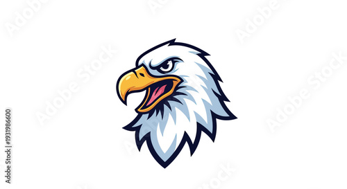 Head of an eagle in profile, with white feathers and a sharp beak