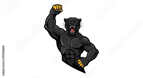 A fierce black panther mascot with a raised fist, muscles flexed, roaring on a white background