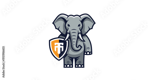 Cartoon elephant with a shield. It features gray body with dark outline, on a white background