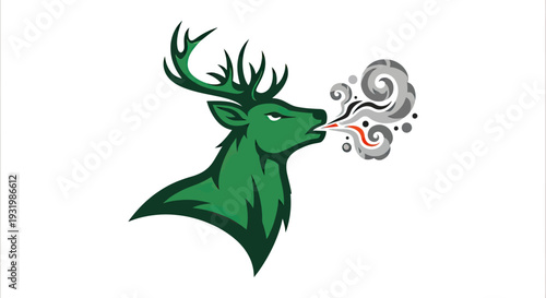 Green stylized stag head exhaling smoke. Green, grey, black, and red colors on white background