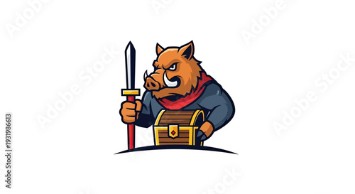 A boar mascot with a spear and treasure chest. Cartoon style, on white background