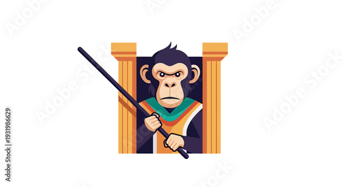 A chimpanzee figure holding a stick, framed by pillars, staring forward