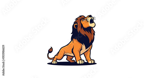 Stylized illustration of a roaring lion in shades of orange, brown and black on white background
