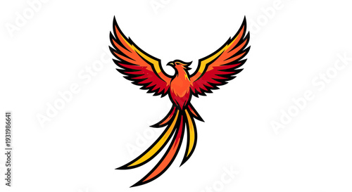 A stylized phoenix with fiery colors, wings spread on a white background