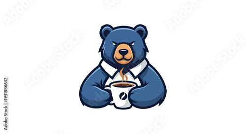 A bear in a blue coat, white shirt, holding a coffee cup, angry looking