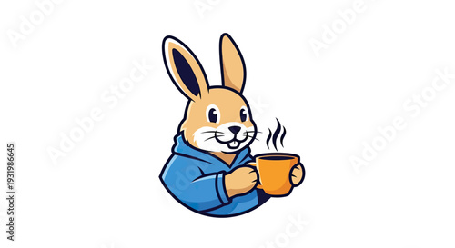 Cartoon bunny in a blue hoodie, holding a warm orange mug, steam rising