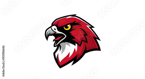 A stylized illustration of a hawk's head in red, black, and white against a white background