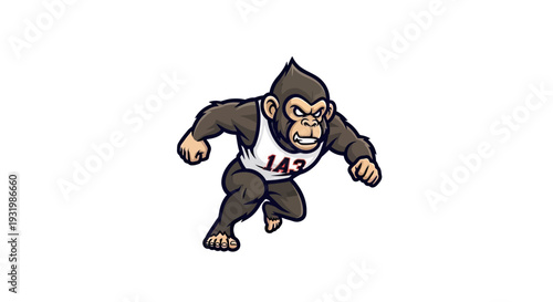 Cartoon chimpanzee mascot in a running pose wearing a jersey with the number 143
