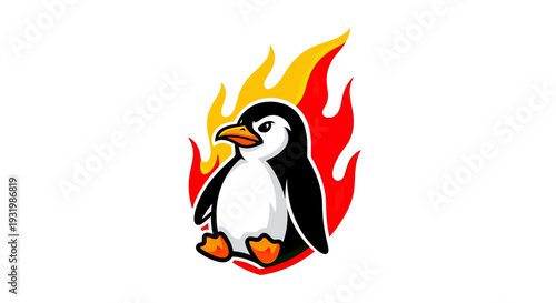 A cartoon penguin encircled by flames on a white background, representing heat or energy