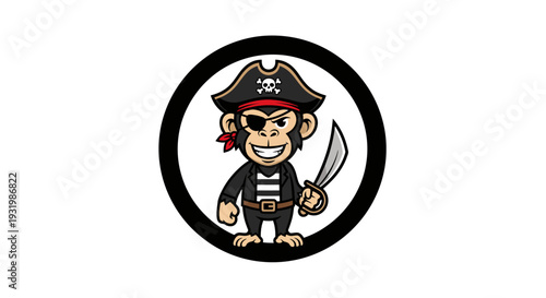 Cartoon monkey pirate in a black circle on white. Wears hat, eye patch, holding a sword