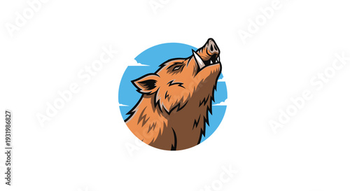 A detailed cartoon illustration of a boar with tusks, set against a blue sky circle