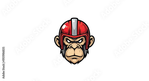 A cartoon chimpanzee head wearing a red helmet with white stripe on white background