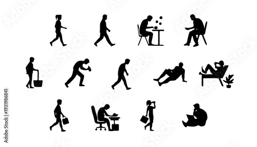 Silhouettes of people in various daily activities and poses across different locations and environments from a distant viewpoint