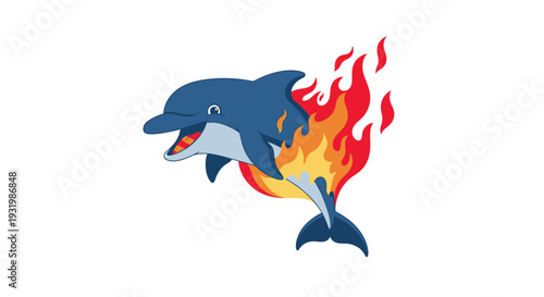 Cartoon dolphin, engulfed in flames, leaping against a white background