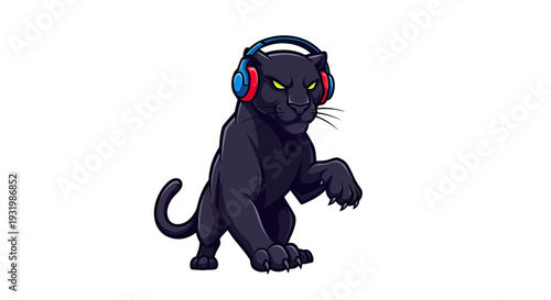 A cartoon black panther wearing headphones, striking a pose. Solid white background