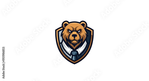 A fierce bear head wearing a suit and tie within a shield, on white