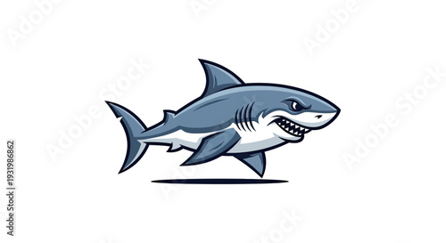 A stylized cartoon shark in profile, showing teeth and a menacing expression, on white