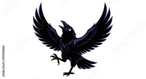 A stylized black raven with spread wings, an open beak, and sharp claws on white background