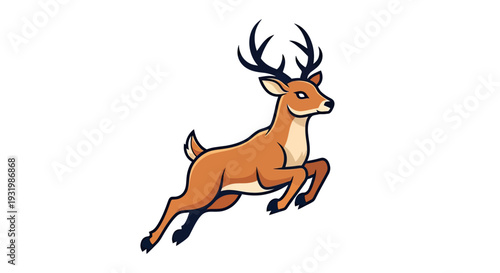 A stylized cartoon deer in mid-leap, showcasing its antlers and elegant form, isolated on white