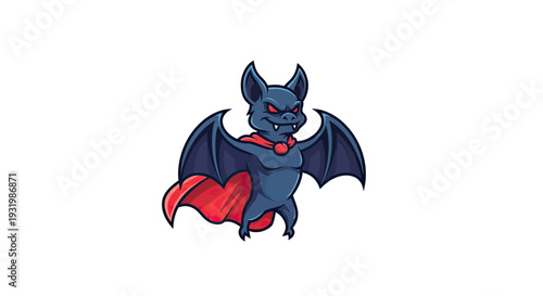 Cartoon bat with red cape, wearing a neck piece and menacing stare, on white