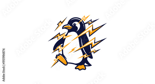 A cartoon penguin surrounded by gold lightning bolts on a white background