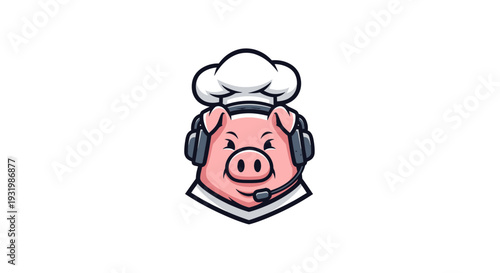 A cartoon pig chef, wearing headphones and a chef's hat, on a white background