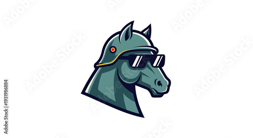 Illustration of a horse head wearing sunglasses and a helmet with a circular design