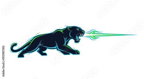 Fierce black cat-like creature with stylized teal and green accents, emitting energy
