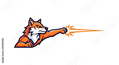 A stylized orange fox, mid-action, punching forward with a fiery energy beam