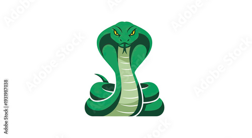 A stylized green cobra with flared hood and menacing yellow eyes, coiled up