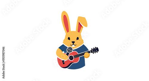 A cartoon rabbit in a blue shirt playing guitar and singing with a microphone