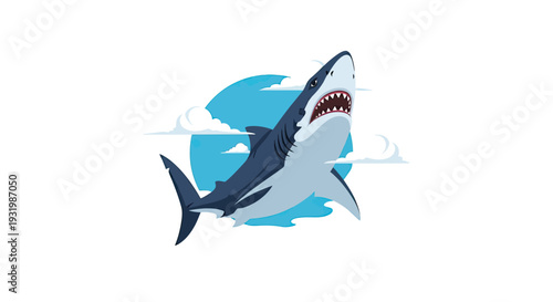 A stylized illustration of a great white shark leaping, framed by sky-like background elements