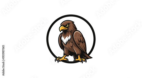 A detailed illustration of a fierce eagle within a black circular frame, set against a white background